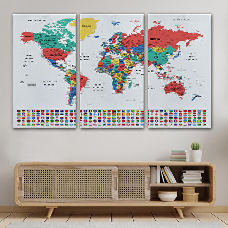 Harita Sepeti Türkçe Dünya Haritası Son Derece Ayrıntılı Eğitici ve Bayraklı Kanvas Tablo 2795