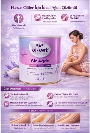 Vi-vet Sir Ağda, Pudralı Formül, Hassas Ciltler için, Tüm Vücut, En Kısa Tüylerde Etkili, 240 ml