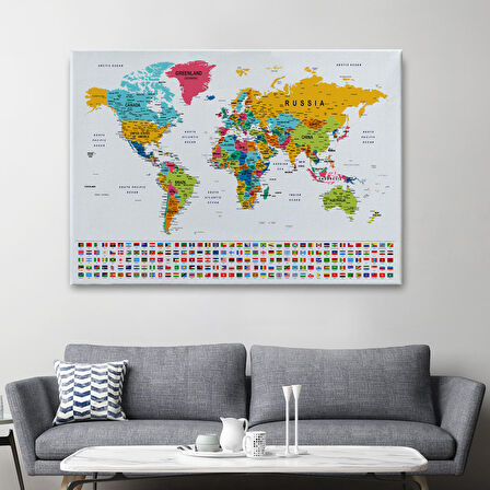 Harita Sepeti Dünya Haritası Son Derece Ayrıntılı Eğitici ve Bayraklı Dekoratif Kanvas Tablo 2796