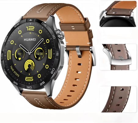 Huawei Watch Gt4 46Mm İle Uyumlu Yüksek Kalite Dikiş Detaylı Metal Tokalı Pu Deri Kordon Kahverengi