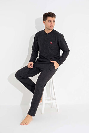 Guava Erkek 3 Düğme Göğüs Cepli Kışlık Pamuklu Selanik Kumaş Uzun Manşetli Kol Cepli Pijama Takımı 