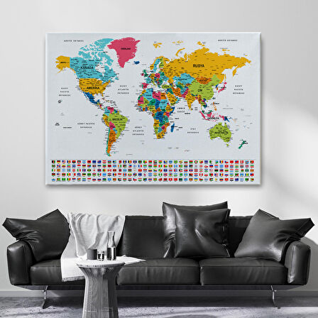 Harita Sepeti Türkçe Dünya Haritası Son Derece Ayrıntılı Eğitici ve Bayraklı Kanvas Tablo 2797