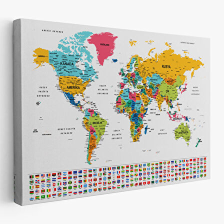 Harita Sepeti Türkçe Dünya Haritası Son Derece Ayrıntılı Eğitici ve Bayraklı Kanvas Tablo 2797