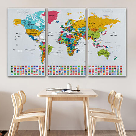 Harita Sepeti Türkçe Dünya Haritası Son Derece Ayrıntılı Eğitici ve Bayraklı Kanvas Tablo 2797