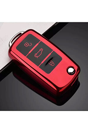 Skoda Superb 2009-2014 Parlak Sustalı Anahtar Kılıfı A+kalite Kırmızı