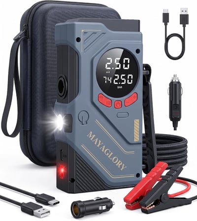 Mayaglory Şarjlı 4'ü 1 Arada Akü Takviye Cihazı (Jump Starter) ve Taşınabilir Hava Kompresörü - Type-C Powerbank, SOS LED Fener ve Taşıma Çantalı