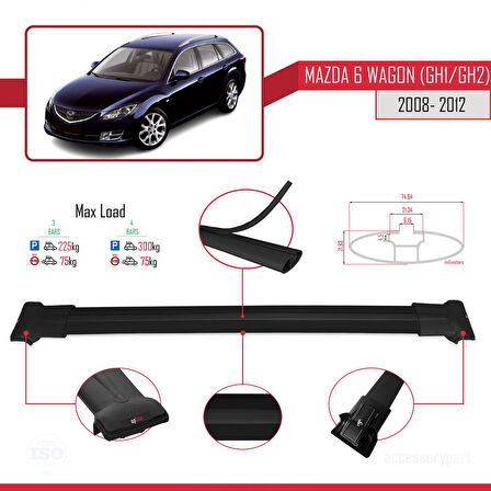 Mazda 6 II (GZ) Wagon 2008-2012 Arası ile Uyumlu FLY Model Ara Atkı Tavan Barı Siyah 3 Adet