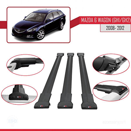 Mazda 6 II (GZ) Wagon 2008-2012 Arası ile Uyumlu FLY Model Ara Atkı Tavan Barı Siyah 3 Adet