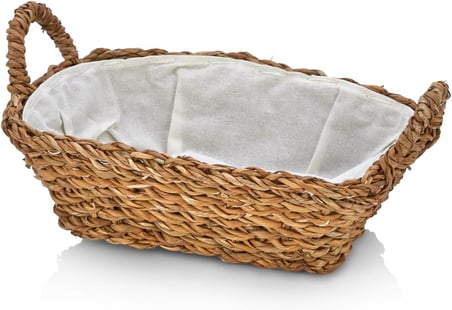 El Yapımı Doğal Hasır Kulplu Çok Amaçlı Dekoratif Dikdörtgen Sepet, Hasır Kulplu Ekmek Sepeti (27x18x8cm)