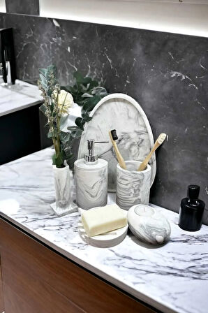 6'lı Mermer Desen Beton Banyo Seti,Sabunluk,Diş Fırçalığı,Aksesuar,Mumluk,Tütsülük,Tepsi,Dekorasyon