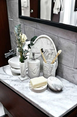 6'lı Mermer Desen Beton Banyo Seti,Sabunluk,Diş Fırçalığı,Aksesuar,Mumluk,Tütsülük,Tepsi,Dekorasyon