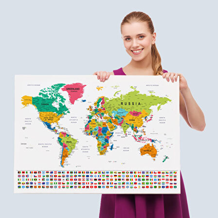 Harita Sepeti Dünya Haritası Son Derece Ayrıntılı Eğitici ve Bayraklı Dekoratif Kanvas Tablo 2798