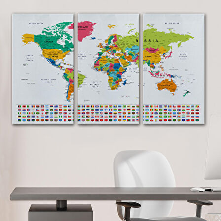 Harita Sepeti Dünya Haritası Son Derece Ayrıntılı Eğitici ve Bayraklı Dekoratif Kanvas Tablo 2798