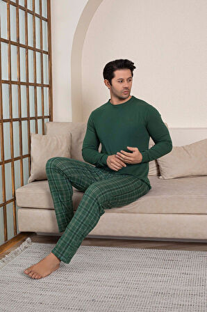 Erkek Bisiklet Yaka Düğmesiz Ekose Desen Modal Mevsimlik Uzun Kol Manşetli Cepli Pijama Takımı