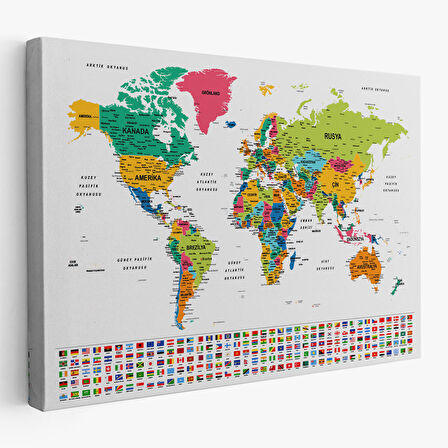 Harita Sepeti Türkçe Dünya Haritası Son Derece Ayrıntılı Eğitici ve Bayraklı Kanvas Tablo 2799