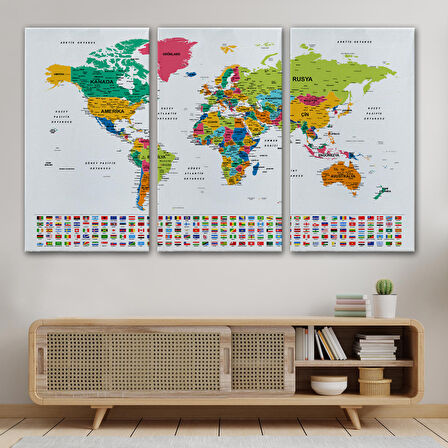 Harita Sepeti Türkçe Dünya Haritası Son Derece Ayrıntılı Eğitici ve Bayraklı Kanvas Tablo 2799