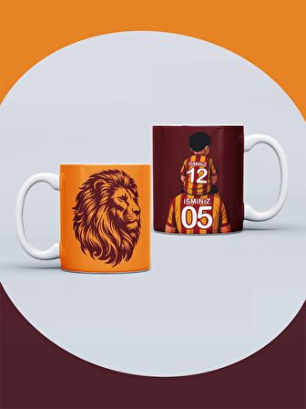 Sarı Kırmızı Aslan Seramik Kupa Kişiye Özel İsimli ve Numaralı Taraftar Baskılı Hediye Kupa Bardak