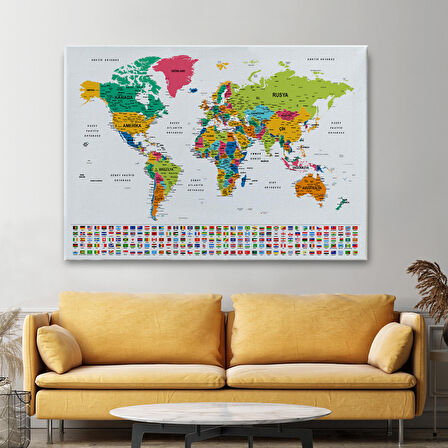 Harita Sepeti Türkçe Dünya Haritası Son Derece Ayrıntılı Eğitici ve Bayraklı Kanvas Tablo 2799