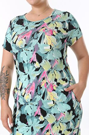 Yazlık Cepli Desenli Büyük Beden Elbise 27C-2562