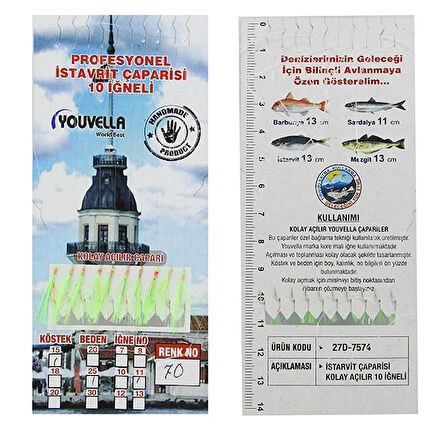 İstavrit Çaparisi UV-GLOW Simli 10 İğneli Kolay Açılan Çapari 0.25mm Beden x 0.15mm Köstek 75