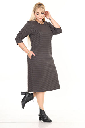 Çift Cepli Desenli Esnek Kışlık Büyük Beden Midi Elbise 27D-2732