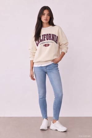 Baskı Nakış Detaylı Sweatshirt Bej