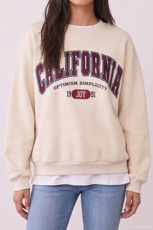 Baskı Nakış Detaylı Sweatshirt Bej