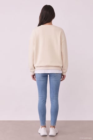 Baskı Nakış Detaylı Sweatshirt Bej