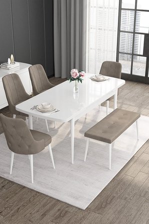 Roy Serisi 80x132 Açılabilir Mdf Beyaz Masa Takımı 4 Cappucino Sandalye ve 1 Bench