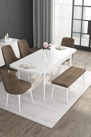 Roy Serisi 80x132 Açılabilir Mdf Beyaz Masa Takımı 4 Kahverengi Sandalye ve 1 Bench