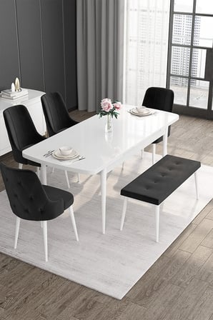 Roy Serisi 80x132 Açılabilir Mdf Beyaz Masa Takımı 4 Siyah Sandalye ve 1 Bench