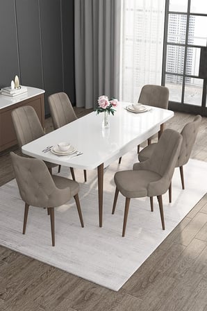 Roy Serisi 80x132 Mdf Beyaz Masa Ceviz Ayak Masa Takımı Ve 6 Cappucino Sandalye