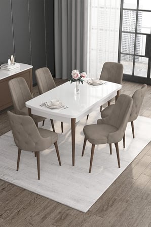 Roy Serisi 80x132 Mdf Beyaz Masa Ceviz Ayak Masa Takımı Ve 6 Cappucino Sandalye