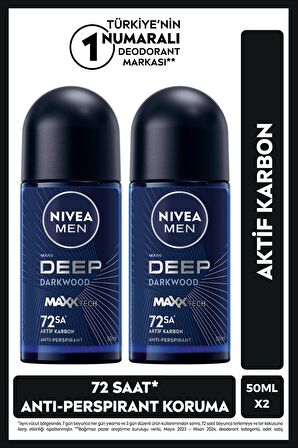 Nivea MEN Erkek Roll-on Deodorant Deep Dimension Aktif Karbon 50ml, 72 Saat Anti-perspirant Koruma,X2 Adet