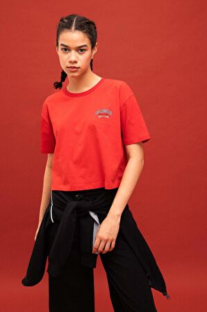 DeFactoFit Crop Bisiklet Yaka Baskılı Sporcu Kısa Kollu Tişört B8981AX24SMRD303