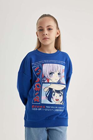 DeFacto Kız Çocuk Relax Fit Bisiklet Yaka Baskılı Sweatshirt B4673A823WNBE169