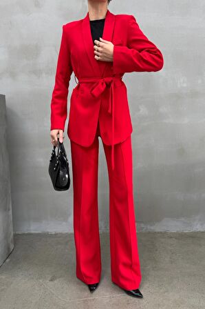 Kadın Ikili Kuşaklı Blazer Ceket Pantolon Takım