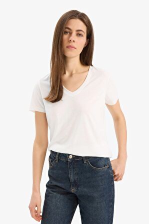 DeFacto x Afra Regular Fit V Yaka Basic Düz Kısa Kollu Tişört W9204AZ25SPER105