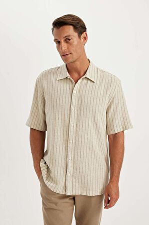 DeFacto Relax Fit Polo Yaka Çizgili Keten Kısa Kollu Gömlek C1111AX24SMBG750