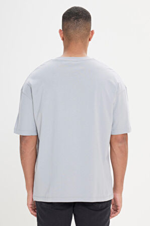 Erkek Gri Oversize Bol Kesim Bisiklet Yaka %100 Pamuk Baskılı Tişört