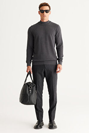 Erkek Antrasit-Melanj Recycle Standart Fit Yarım Balıkçı Yaka Pamuklu Desenli Triko Kazak