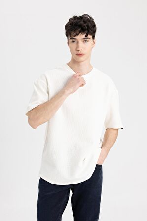 DeFacto Boxy Fit Bisiklet Yaka Kısa Kollu Basic Düz Waffle Tişört B4443AX24SPER105