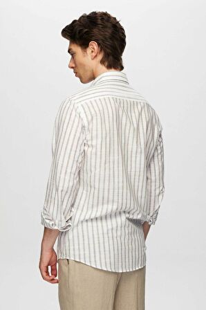 Slim Fit Vizon Çizgili Düğmeli Yaka %100 Pamuk Flamlı Yazlık Keten Görünümlü Gömlek 0HC02ORT06265