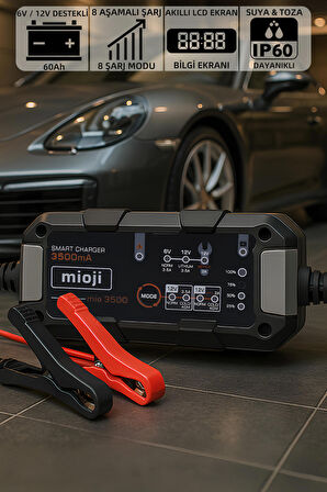 Mioji Mio 3500 3.5A 6V ve 12V Araba Şarj, Akü Bakım, Damlama Şarj Cihazı ve Motosiklet, ATV, Lityum ve Derin Döngülü Aküler için Kükürt Giderici Akıllı Araç Akü Şarj Cihazı