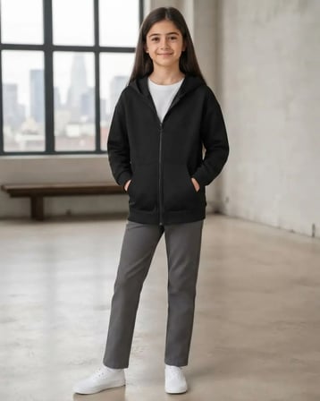 Unisex Çocuk Siyah Kapüşonlu Fermuarlı Cepli 3 İp Kalın Kışlık