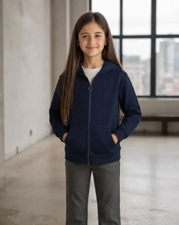 Unisex Çocuk Lacivert Kapüşonlu Fermuarlı Kanguru Cepli Kalın 3