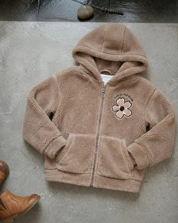 Kız Çocuk Çiçek Nakışlı Peluş Kapüşonlu Kahverengi Hırka Kışlık