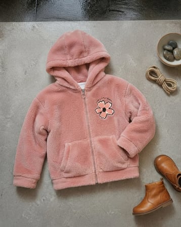 Kız Çocuk Çiçek Nakışlı Pembe Peluş Kapüşonlu Hırka Kışlık
