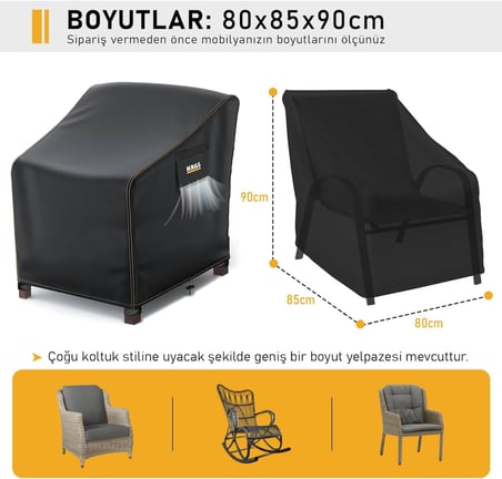Tek Kişilik Bahçe Koltuk Örtüsü, Koruma Kılıfı, Su Geçirmez Açık Hava Bahçe Mobilya Kılıfları, Dış Mekan Sandalye Kılıfı Örtü Branda, Ağır Hizmet Tipi, 80-85-90cm - Siyah