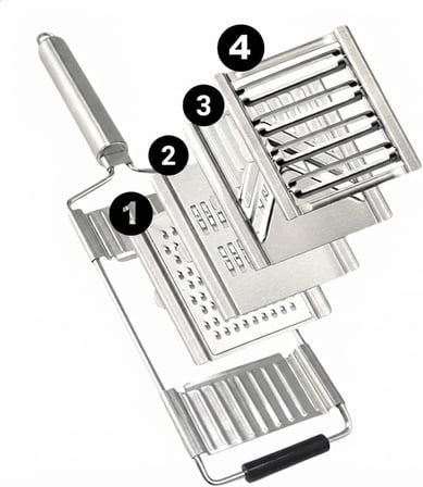4 Bıçaklı Metal El Rendesi – Mandolin Tipi Çok Amaçlı Rende ve Dilimleyici, Peynir Sebze Meyve Doğrayıcı, Paslanmaz Çelik Gövde, Ergonomik Saplı Pratik Mutfak Aleti